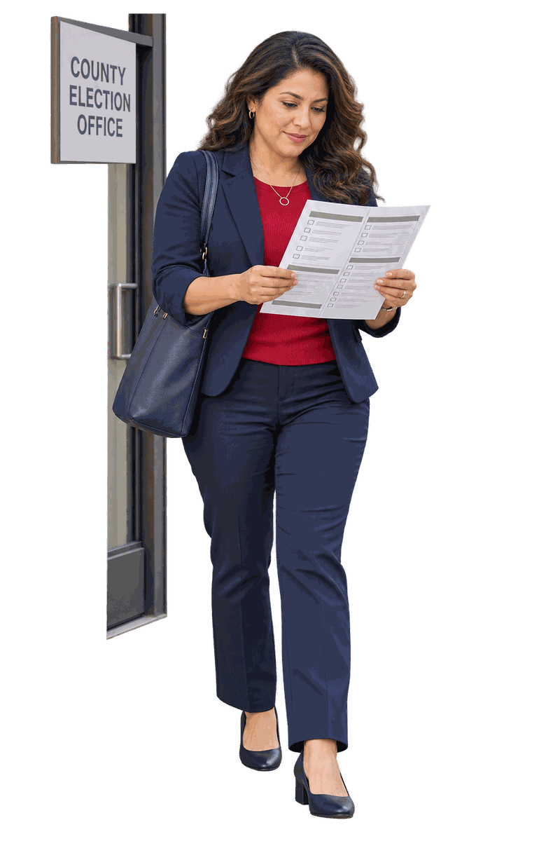 MomVote - Mom reviewing her sample ballot outside the county election office