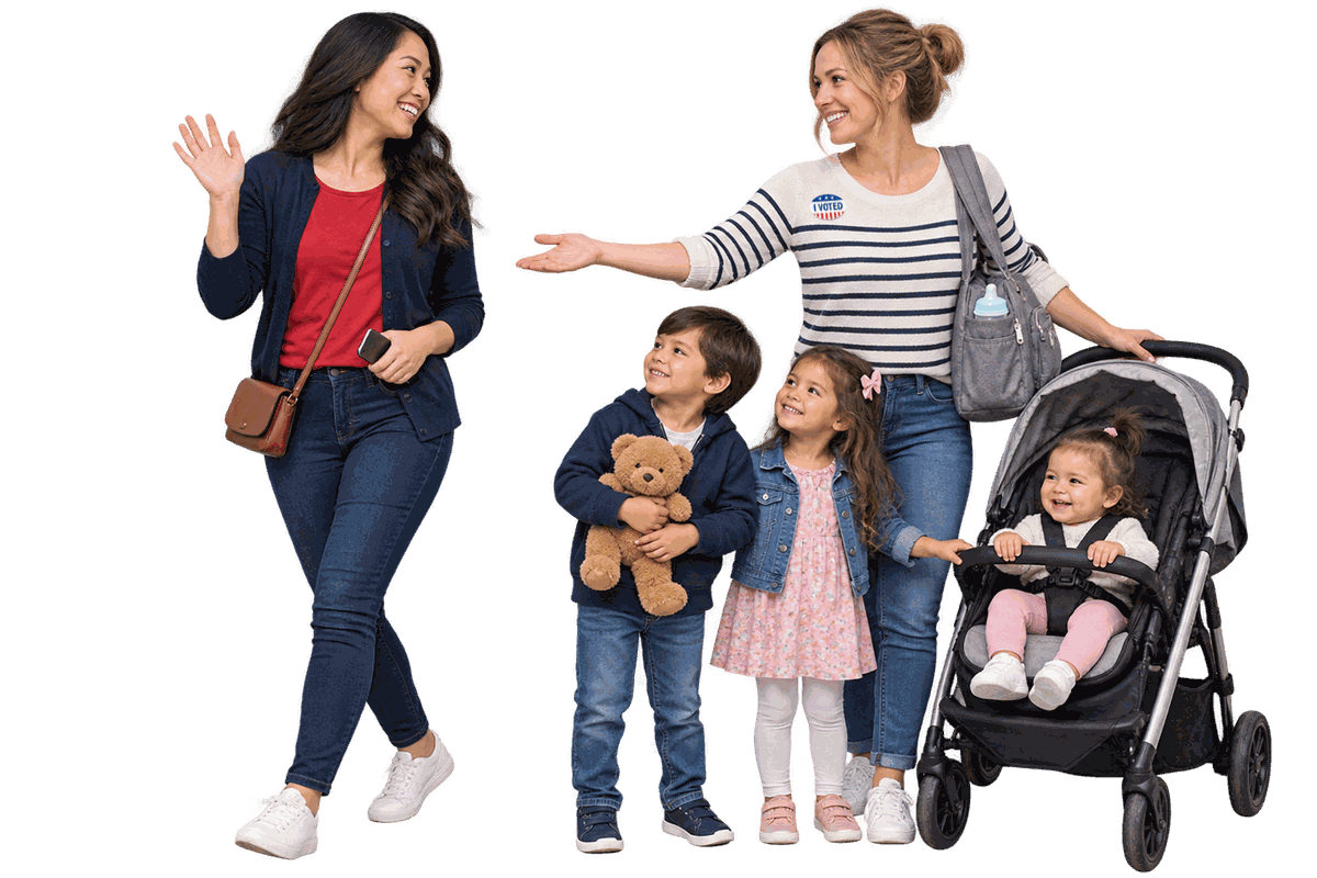 13-vote-share-moms-kids MomVote - Two moms meeting up to vote together with their young children