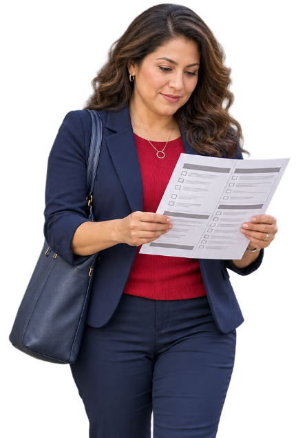 A mom reviewing her sample ballot on the way to vote early